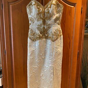 Rose Taft, Champage, with Gold Threads Evening Gown